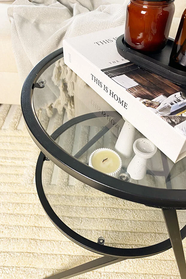 Valencia Yan Sehpa - Siyah Metal Füme Camlı Çok Amaçlı Yan Sehpa